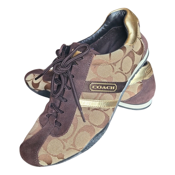 Coach Signature Canvas Sneakers Women’s 8M Brown Gold Katelyn - Picture 1 of 9